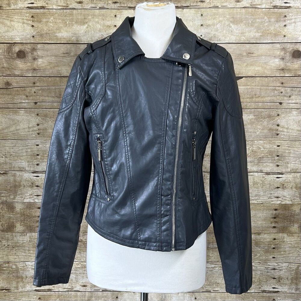 Dollhouse Outerwear‎ Womens Faux Leather Moto Jacket Black Quilted Biker Large